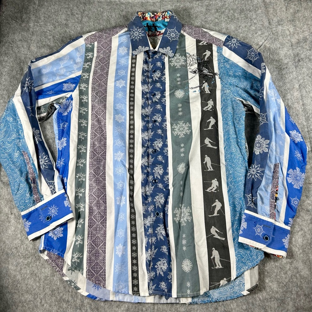 Robert Graham Men’s Sz XL Blue Ski Guy Design Long Sleeve Button Flip Cuff Shirt